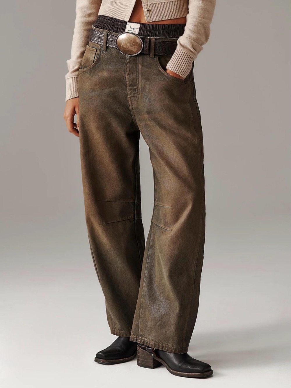 Free People Good Luck Coated Barrel Jeans New Moon Brown 26 NWT